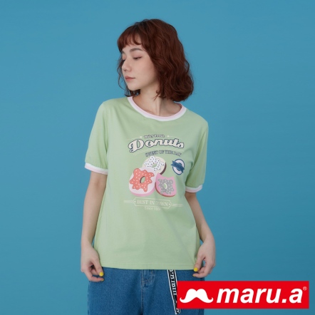 【maru.a】一日甜甜圈🍩手繪可愛印花撞色包邊棉T(2色)-淺綠 23311223