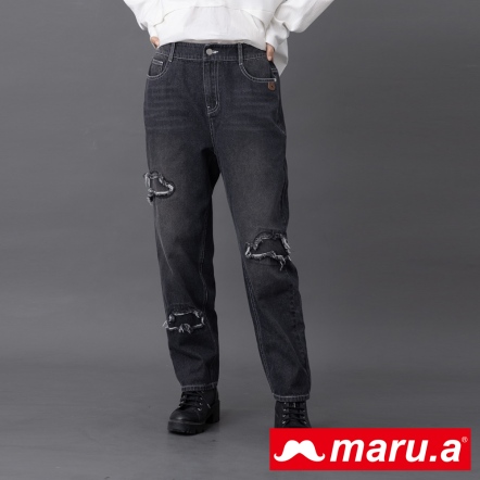 【maru.a】貓抓破的褲子🐾貓鬚鬍子造型刷色丹寧直筒褲(2色)-黑色 23915217
