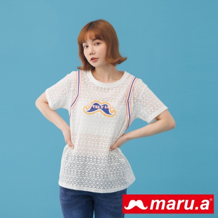 【maru.a】可愛生活🌱簍空蕾絲活潑撞色壓印造型上衣(2色)-白色 23333113