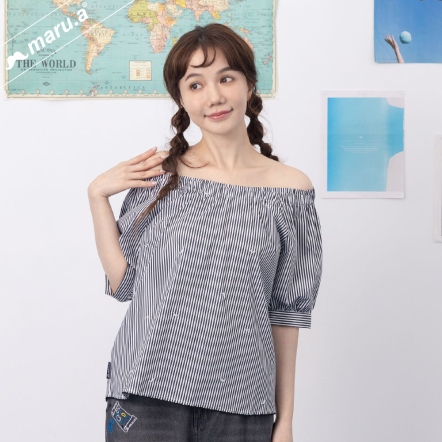 【maru.a】海之女神🌊波浪滾邊蓬袖條紋一字領上衣(2色)-黑色 24923115