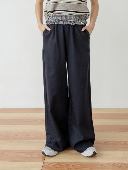 格紋拼接闊腿褲