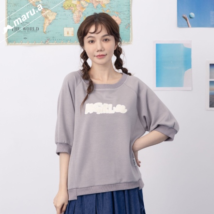 【maru.a】M-GIRL撞色貼布繡特殊剪裁太空棉上衣💐(3色)-中灰 24911222