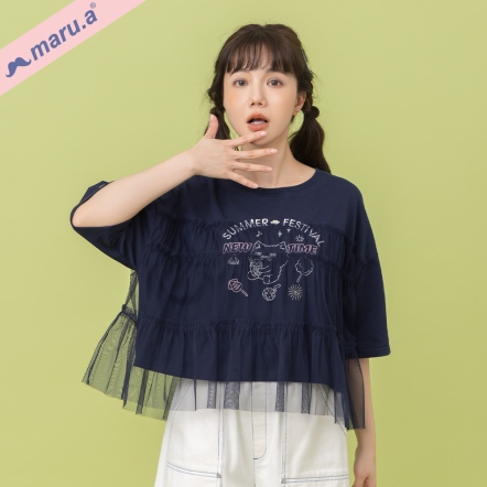 【maru.a】盛夏節慶🍨撞色印花拼接蛋糕網紗造型上衣(2色)-深藍 25321227
