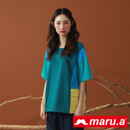 【maru.a】文藝女孩色塊拼接口袋上衣(2色)-藍綠色 22931212