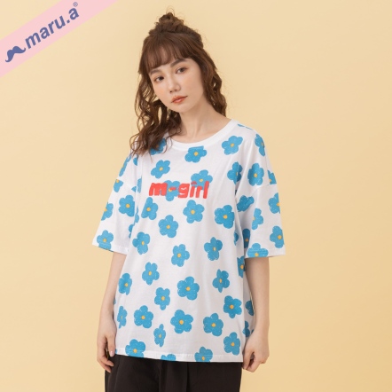 【maru.a】✿手繪蠟筆塗鴉小花✿撞色寬鬆T恤(3色)-白色 24311314