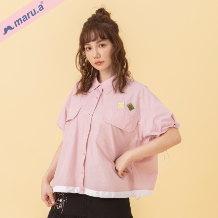 【maru.a】少女蓬袖格紋/素面抽繩拼接造型襯衫👒(2色)-淺粉 24313114