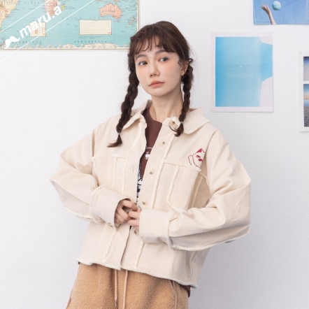 【maru.a】漫畫九格🖌️撞色印花miru刺繡鬚邊剪裁造型外套(2色)-卡其 24932111