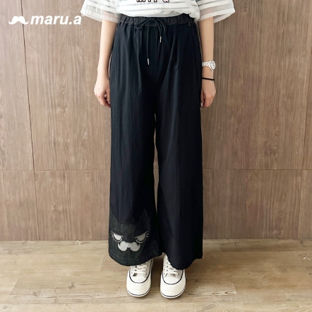 【maru.a】大頭miru😻丹寧拼接抽繩直筒長褲(2色)-黑色25325215