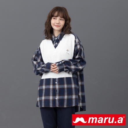 【maru.a】小羊駝miru🦙復古格紋拼接假兩件長版襯衫(2色)-深藍 23913212