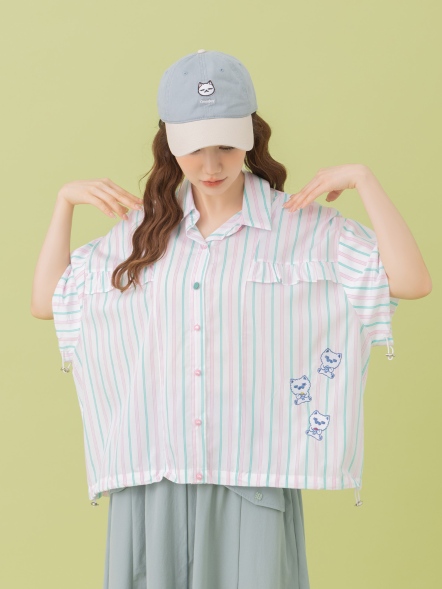 【maru.a】可愛miru撞色刺繡直條襯衫(2色)-淺粉25313121
