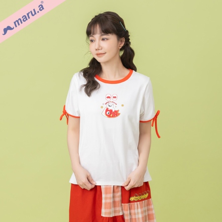 【maru.a】鯉魚坐騎🎏可愛撞色印花袖綁結造型滾邊上衣(3色)-白色 25311224