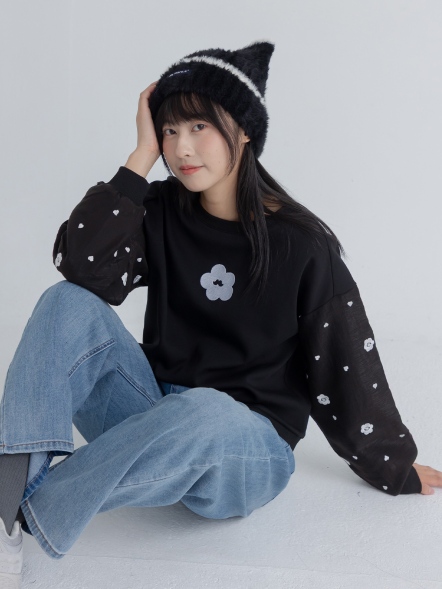 微透網紗袖小花鬍子衛衣