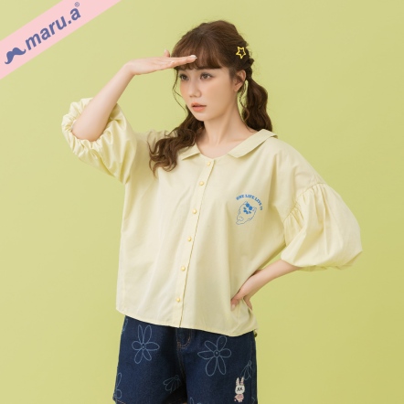 【maru.a】悠閒miru💐公主蓬袖小翻領素面/格紋日本素材排釦襯衫(3色)-淺黃 25313118