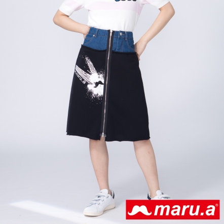 【maru.a】個性印花牛仔拼接拉鍊長裙(2色)9926212
