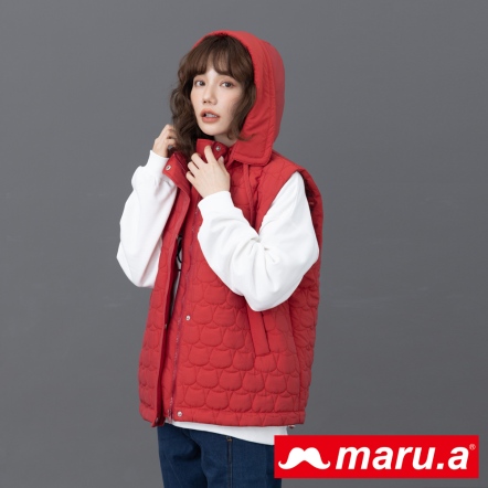 【maru.a】outdoor girl🥾滿版貓頭壓紋鋪棉連帽背心(2色)-紅色 23922214