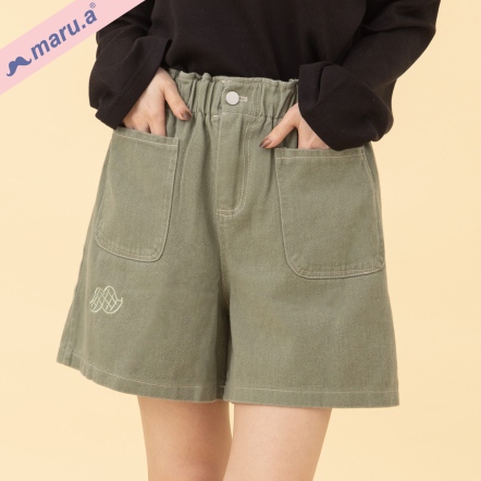【maru.a】抹茶奶昔🍵簡約鬍子刺繡口袋造型高腰短褲(3色)-深綠 24345111