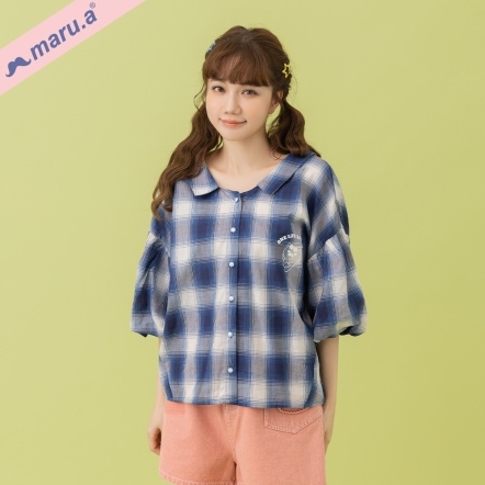 【maru.a】悠閒miru💐公主蓬袖小翻領素面/格紋日本素材排釦襯衫(3色)-深藍 25313118
