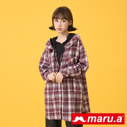 【maru.a】可愛Mabu刺繡格紋拼接連帽上衣(2色)21913201