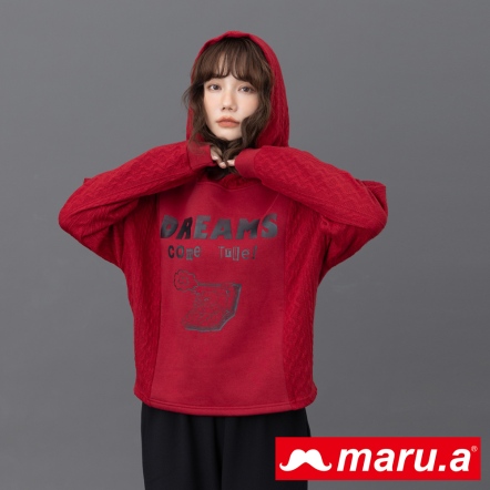 【maru.a】miru美夢成真🛌針織緹花拼接刷毛連帽棉T(2色)-紅色 23911233