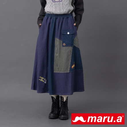 【maru.a】日雜感文藝少女🎵拼接造型口袋丹寧長裙(2色)-深紫 23926212