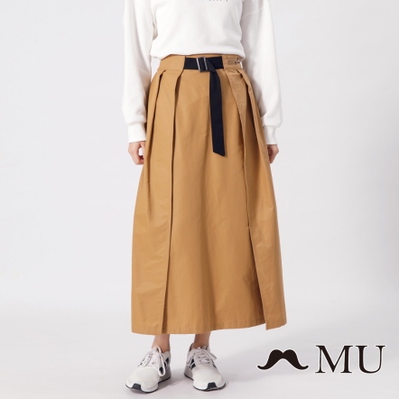 【MU】LOGO刺繡打褶顯瘦中長裙(2色)20926265