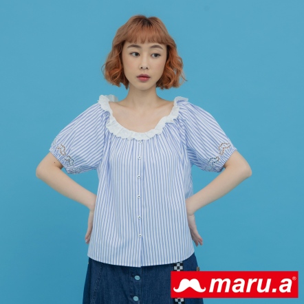 【maru.a】優雅海洋公主👸荷葉邊蓬蓬袖條紋造型襯衫(2色)-白色 23313117