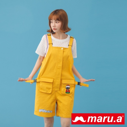 【maru.a】美式孩童miru🐱俏皮手繪刺繡工裝吊帶短褲(2色)-深黃 23325115