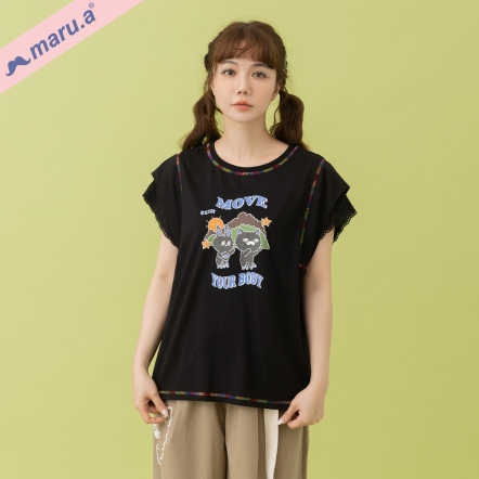 【maru.a】MOVE YOUR BODY🌞撞色印花彩線刺繡蕾絲緹花拼接袖上衣(2色)-黑色 25321241