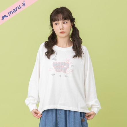 【maru.a】Happy Time☁️手繪撞色立體印花抽繩前短後長上衣(2色)-白色 25321214