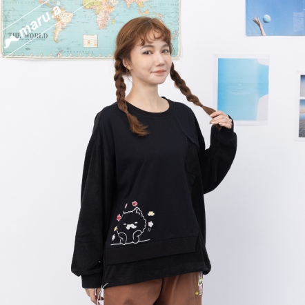 【maru.a】敲開心miru🌸可愛貼布刺繡絨毛拼接抽繩造型上衣(2色)-黑色 24921246