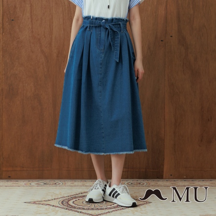 【MU】甜美女孩💓高腰綁結牛仔長裙(2色)-淺藍 22926262
