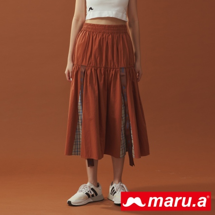 【maru.a】個性學院風格紋拼接傘擺長裙(2色)-咖啡 22936212