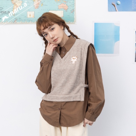 【maru.a】💫假兩件針織背心拼接襯衫miru刺繡造型上衣(3色)-駝色 24943116