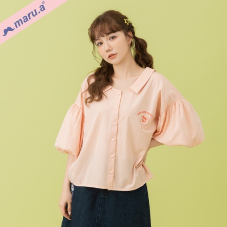 【maru.a】悠閒miru💐公主蓬袖小翻領素面/格紋日本素材排釦襯衫(3色)-淺橘 25313118