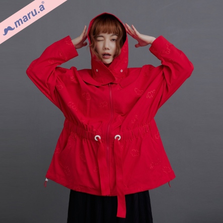 【maru.a】漫天小雲朵☁️鮮艷色系抽繩綁結連帽風衣(2色)-紅色 23912114