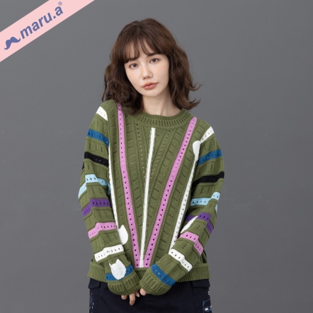 【maru.a】特殊設計款配色拼接鏤空針織上衣🌟(2色)-深綠 23914212