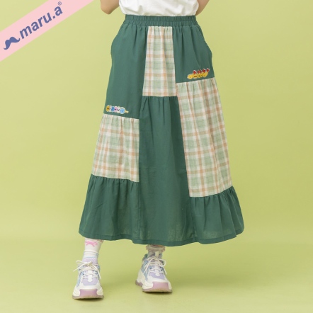 【maru.a】🍡🍤可愛手繪日式點心刺繡拼接格紋傘裙(2色)-深綠 25316214