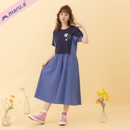【maru.a】小花miru🌸撞色刺繡拼接條紋斜釦洋裝(2色)-深藍 24317115