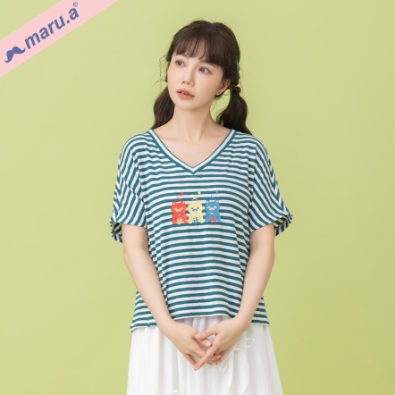 【maru.a】貓咪剉冰機🍨撞色印花V領連袖條紋上衣(2色)-深綠 25311227