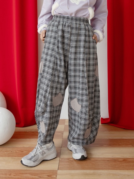 麂皮貓頭格紋大寬褲