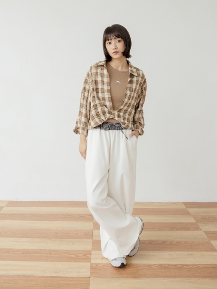 格紋拼接闊腿褲