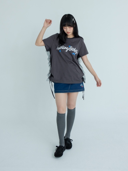 字母抽繩網紗上衣