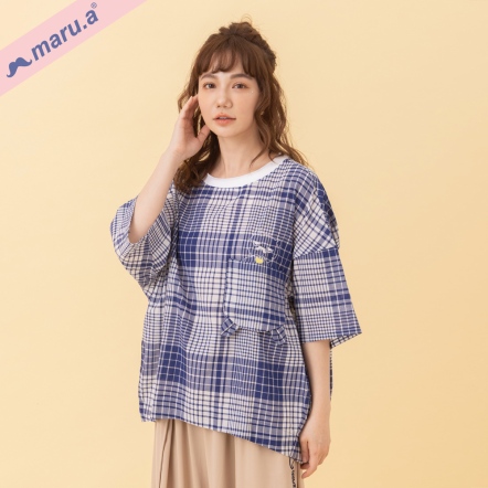 【maru.a】日系質感女子დ細格紋理miru造型口袋連袖上衣(2色)-深藍 24312118