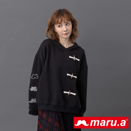 【maru.a】日系氣質女孩💐牛角扣造型連帽鬆餅格上衣(3色)-黑色 2321235