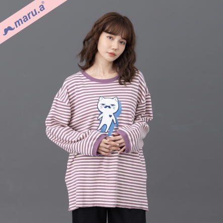 【maru.a】爽爽貓miru🛏️撞色刺繡條紋滾邊口袋蓬袖長版上衣(2色)-深紫 23931312
