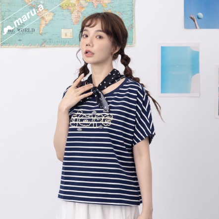 【maru.a】我需要這酷東西💖字母立體印花點點領巾兩件式上衣(3色)-深藍 24911220