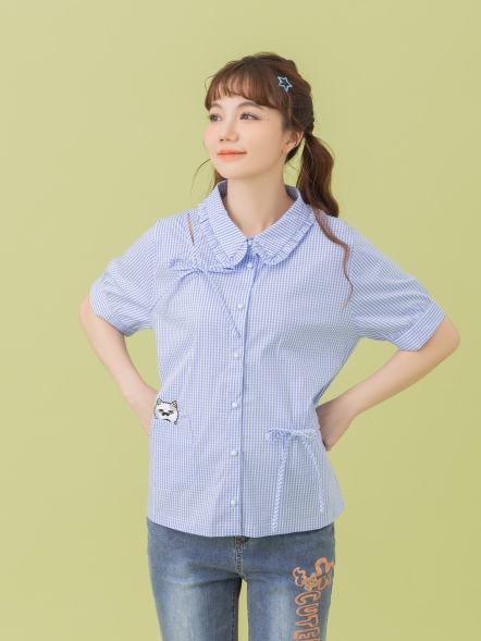 【maru.a】鄉村甜美感👒miru刺繡格紋蓬袖襯衫(2色) -淺藍25323126
