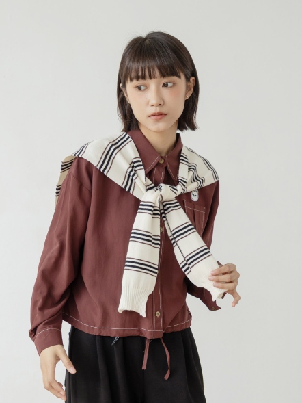 襯衫式披肩條紋上衣