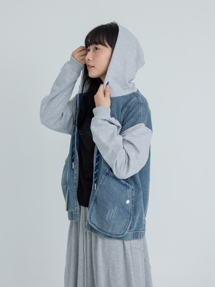 拼接丹寧連帽外套