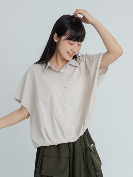 鬍子刺繡落肩鬆緊襯衫